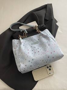 1pc Cloud Pendant Decor Colorful Star Pattern Polyester Fiber Large Capacity Zipper Fashion Shoulder Bag Suitable For Women's Daily Use - Multicolor - View 3