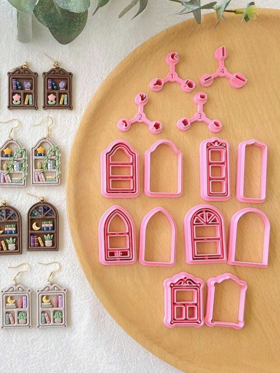 Cetakan Tanah Liat Polimer Bentuk Jendela Rak Buku Vintage, Bingkai Rak Buku Lengkung & Cetakan Buku Mini untuk Kerajinan Anting-Anting Bertema Perpustakaan DIY - Berwarna merah muda - View 1