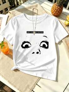 Vintage-T-Shirt mit Augen-Print, 100 % Baumwolle, bedruckt, lässig, atmungsaktiv - Weiss - Übersicht 2