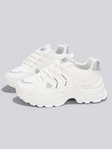Flipark [Item popular e chamativo] Tênis chunky bege com sola grossa e contraste de cores! Aumenta a altura e afina a silhueta, calçado feminino versátil e indispensável para o estilo urbano. 1 par de tênis feminino casual, esportivo, leve e respirável. - Branco - Ver 5