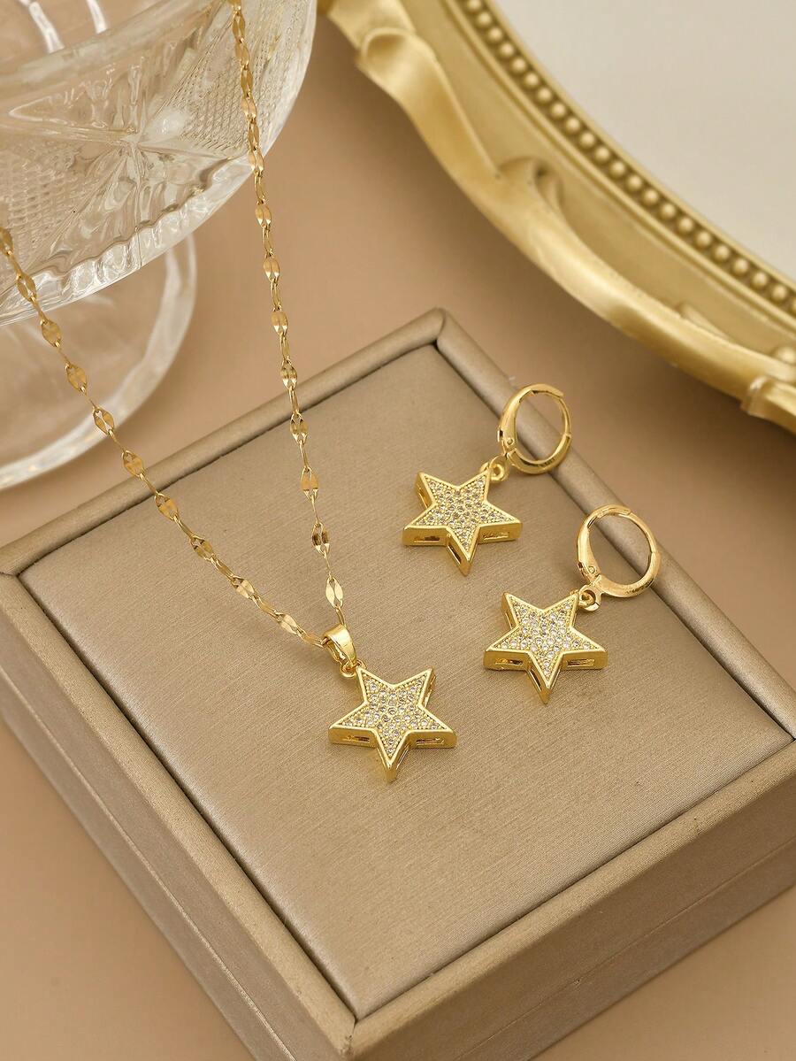 1pc Fashion Sparkling Rhinestone Star Stainless Steel Women's Necklace, 1 Pair Fashion Sparkling Rhinestone Star Stainless Steel Women's Earrings, Gold Necklace, Gold Earrings, Stainless Steel Jewelry, Gold Jewelry, Summer, Beach, Vacation Jewelry, Charm, Pride, Western Jewelry, Gift For Women, Gift, Birthday Gift - Yellow Gold - View 1