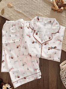 Women's Cartoon Dachshund Print Pajama Set - Long Sleeve Button-Up Top With Pants, Soft And Breathable, Cute Loungewear - White - View 9