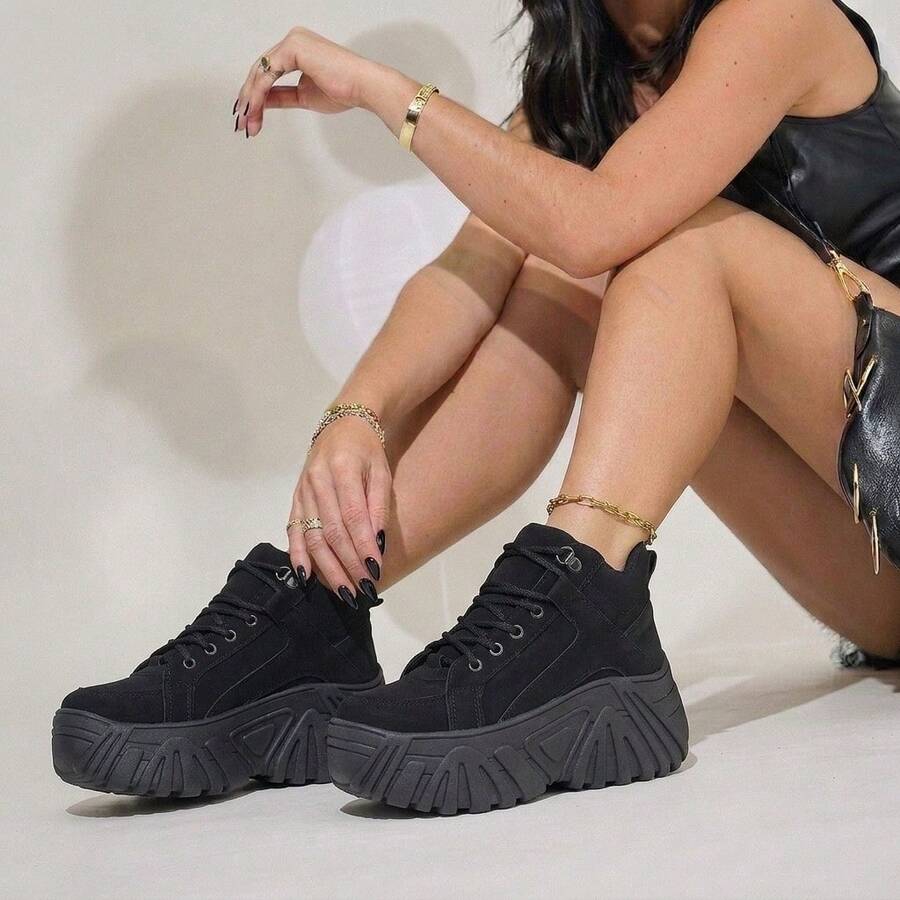 Buffalo Women's High Platform Sneakers Tractor Shoe 7cm High Promotion - 黑色 - 查看 1