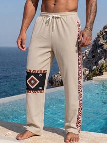 1pc Khaki Men's Straight Leg Casual Pants, Men's Beach Pants, Men's Trousers With Elastic Drawstring, Single Side Print, Men's Vacation Casual Pants, Vacation Style, Machine Washable, Beach, Island, Comfortable Travel Outfit - Khaki - View 3
