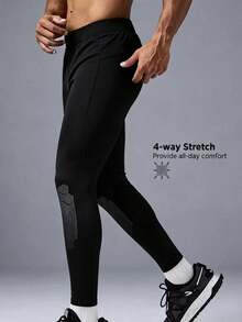 Men's Sports Compression Pants, Tight-Fitting Athletic Base Layer Pants With Phone Pocket Suitable For Fitness, Running, Training - Black - View 2