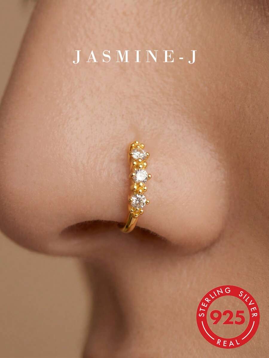 1pc S925 Sterling Silver Zirconia Clover Nose Ring, 3pcs Diamond Eight-Pointed Star Nose Rings, Pure Silver 14K Gold Plated, 16g Nose Jewelry, Unisex Nose And Ear Piercing Accessories, Classic Clover Jewelry, Minimalist Unique, Suitable For Daily Wear/Party Wear - Multicolor - View 1