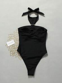 Baju Renang Wanita Terusan Model Halter Neck Hitam Mengkilap dengan Hiasan Pita dan Rhinestone Emas, Pakaian Pantai Musim Semi/Panas 2026, Gaya Liburan di Tepi Pantai dan Kolam Renang - Hitam - View 3