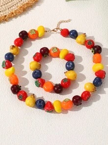 NAIZHU 1/2pcs Fashion Creative Colorful Y2K Dopamine Resin Fruit Necklace Strawberry Apple Necklace Daily Party Accessory - Multicolor - View 2