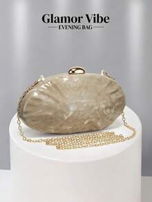 Women's Fashion Asymmetric Metal Box Clutch Bag, Golden Wedding Bride Shoulder Crossbody Chain Bag For Prom - Apricot - View 2