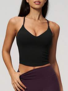 NcmRyu Women's 1pc Solid Color Adjustable Thin Criss-Cross Back Strap V-Neck Waist-Exposing Camisole - Black - View 7