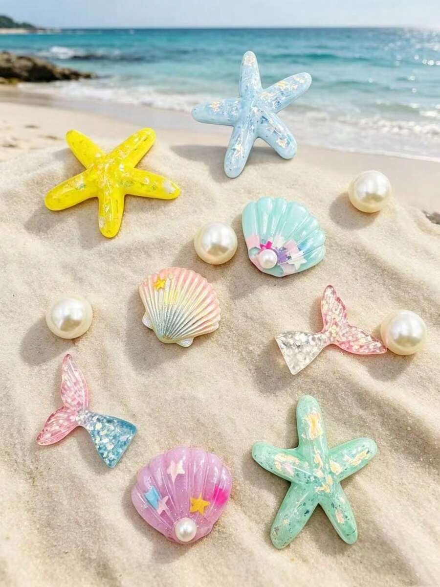 12件可愛貝殼（12mm珍珠）星星愛心鞋飾，適用於沙灘鞋、涼鞋、拖鞋、運動鞋，可愛風格，適合派對與禮物 - 彩色 - 查看 1
