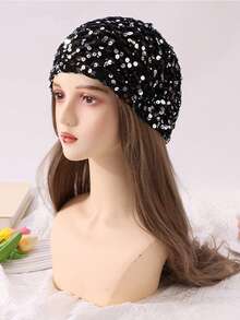 1 Set Women's Spring/Autumn Crochet Sequin Hat & Triangle Scarf, Suitable For Bohemian Style, Spring/Autumn Season, Beach And Travel Use - Triangular Scarf + Hat - View 7