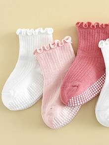 6 Pairs 0-6 Years Old Baby Anti-Slip Socks, Pink Ruffle Edge Baby Socks, Home Floor Socks, Walking Socks, Breathable And Soft, Suitable For All Seasons - Multicolor - View 3