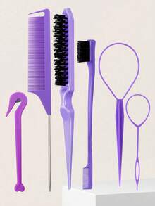 6pcs Hair Styling Tool Set, Includes 2 French Braiding Rings, Hair Cutting Scissors In Leather Case, Volumizing Brush, Pointed Tail Comb, Edge Comb (For Hairline & Back-Brushing), Suitable For Women's Hairstyling, Grooming, Detangling, Smoothing, Hair Care Tools - Multicolor - View 15