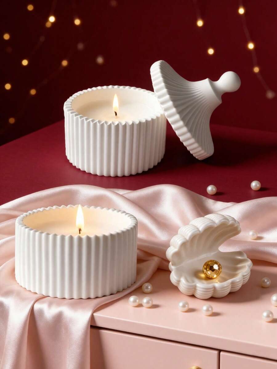 Vertical Stripe Lidded Storage Jar & 3D Shell Jewelry Dish Silicone Molds, Compatible With Soy Wax, Gypsum, Epoxy Resin Casting, Suitable For Aromatherapy Jars, Jewelry Storage, Home Decor, Easy Demolding, Ideal For Handmade Gifts - Storage Mold - View 1