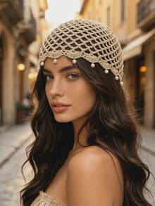 1pc New Bohemian Style Pearl Sequin Crochet Hollow Bead Beanie Hat, High-End Knitted Headwear - Multicolor - View 7