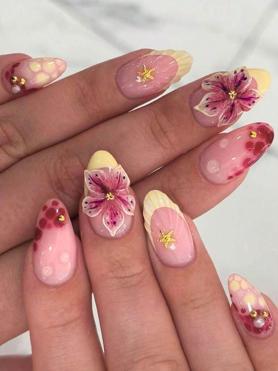 24片長杏仁形3D凝膠美甲貼片,花卉珍珠裝飾設計,夏季海洋風法式漸層指尖設計,含1片果凍膠與1片指甲锉 - 彩色 - 查看 1