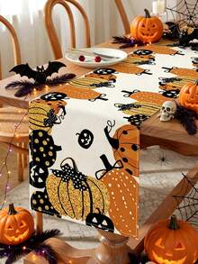 1pc Halloween Linen Table Runner, 183*33cm Colorful Pumpkin Pattern Polyester Table Runner, Halloween Decoration, Halloween Party Dining Table Decor, Home Decor, Halloween Candy Decor, Happy Halloween Decoration, Dining Table Centerpiece, Scary Halloween Decor, Tabletop Decoration - Multicolor - View 10