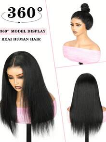 Wig Rambut Manusia Lurus Yaki dengan Tali Tersembunyi, Kepadatan 180%, Tanpa Lem, Wig Siap Pakai, Wig Lace Frontal Pra-cabut dan Pra-potong untuk Wanita - Natural Black - View 6