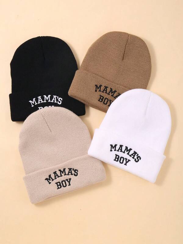 4pcs/Set Kids Knitted Beanie Hat Set, 3-12 Years Old Boys, MAMA'S BOY Letter Embroidery, Winter Warm Cuffed Skull Cap, Children's Gift