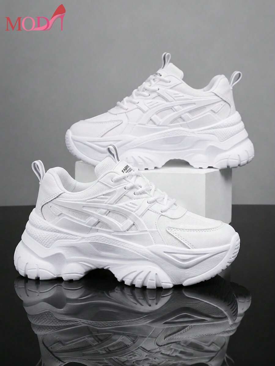 Zapatillas de deporte para exteriores, versión coreana de suela gruesa, modernas y versátiles, transpirables, deportivas y de ocio, zapatos blancos - Beis - Ver 1