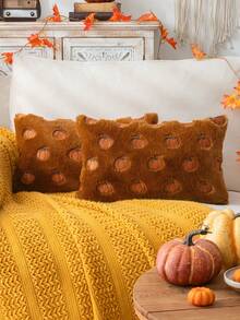 Homemorelove 1/2pcs PV Velvet Small Pumpkin Embroidered Pillow Case, Autumn Decor, Thanksgiving, Halloween Atmosphere Home Decoration Cushion, Suitable For Living Room, Bedroom, Sofa, Pillow Insert Not Included - Deep-burn Rabbit Fur Deep-burn - View 11