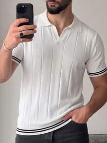 男士休闲竖条纹针织 Polo 衫，带领子和罗纹饰边，短袖上衣 - 白色 - 查看 3