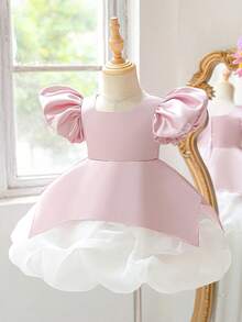 Baby Girls Square Neck Pleated Organza Satin Cute Flower Girl Bud Princess Dress Suitable For Birthday Party, Headband Not Included - Dusty Pink - View 5