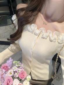 Autumn/Winter Casual Korean Sweet Style Ruffle Off-Shoulder Knit Sweater, Fitted Slim Fit Long Sleeve Top, Warm Gentle Elegant Versatile Base Layer, Apricot Color - Apricot - View 1