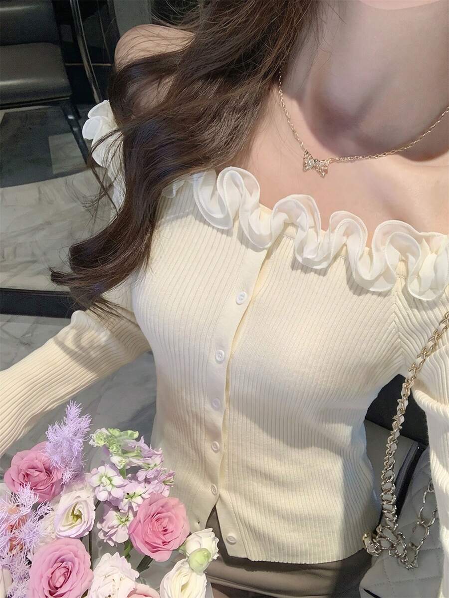 Autumn/Winter Casual Korean Sweet Style Ruffle Off-Shoulder Knit Sweater, Fitted Slim Fit Long Sleeve Top, Warm Gentle Elegant Versatile Base Layer, Apricot Color - Apricot - View 1