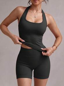 Conjunto deportivo sin costuras, camiseta de tirantes con espalda de corredor y shorts ajustados a la cadera, conjunto de yoga y fitness de cintura alta, estilo minimalista negro - Negro - Ver 4