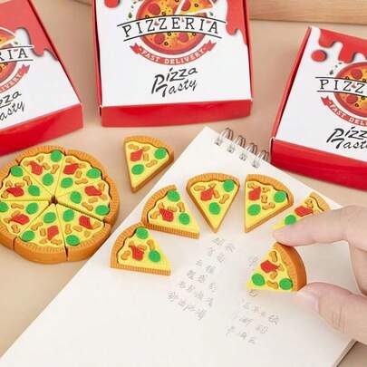 1 pieza Juego de borradores con forma de pizza (6 piezas) - Rebanadas de pizza realistas - Hechas de goma sintética duradera, con diseños de tomate y pepperoni, adecuadas para recompensas en el aula, recuerdos de fiesta y útiles escolares
