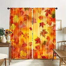 2pcs Warm Orange Gradient Maple Leaf Pattern Printed Semi-Sheer Curtains, 90GSM Polyester Fiber Semi-Sheer Privacy Protection, Easy Installation, Quick Dry, Washable, Fade-Resistant, Lightweight Removable Curtains, Suitable For Home, Room, Kitchen And Other Partitions Or Decoration - Multicolor - View 11