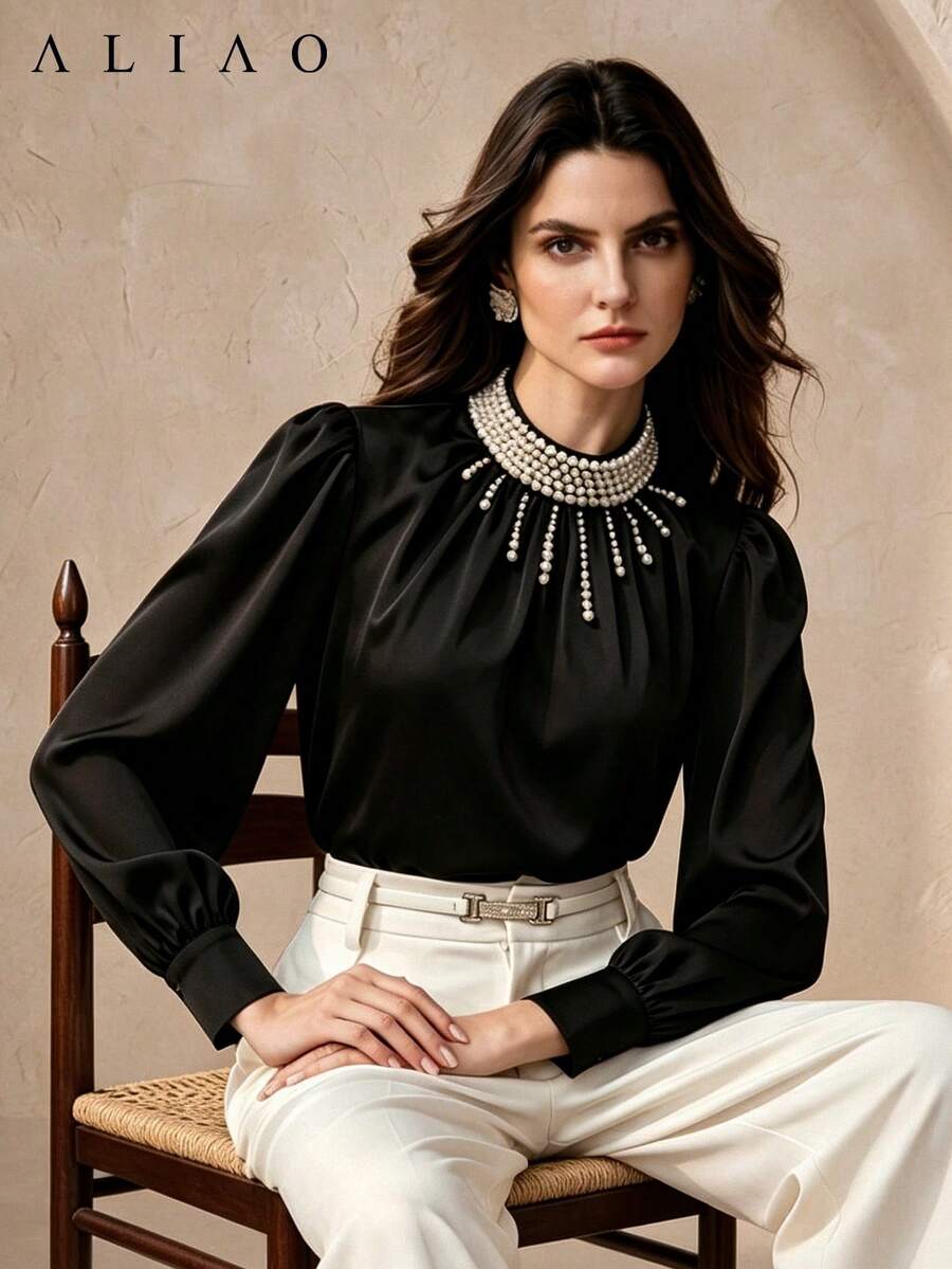 ALIAO Women's Black Solid Color Glossy Vintage French Style 3D Pearl Collar Satin Blouse, Elegant Fashion Urban Style, Versatile Long Sleeve Top For Daily Commute, Back To School, Office, And Street Wear - Black - View 1