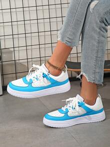 Women's Casual Sports Shoes, Versatile Color Breathable Low-Top Shoes, Skateboard Shoes, Birthday Gift, Holiday Gift, Comfortable Upper Lightweight Lace-Up Round Toe - White and Blue - View 6