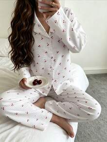 Aesletic 2pcs Women Loose Comfortable Breathable Long Sleeve Top + Long Pants Pajama Set, Cute Loungewear - White - View 5