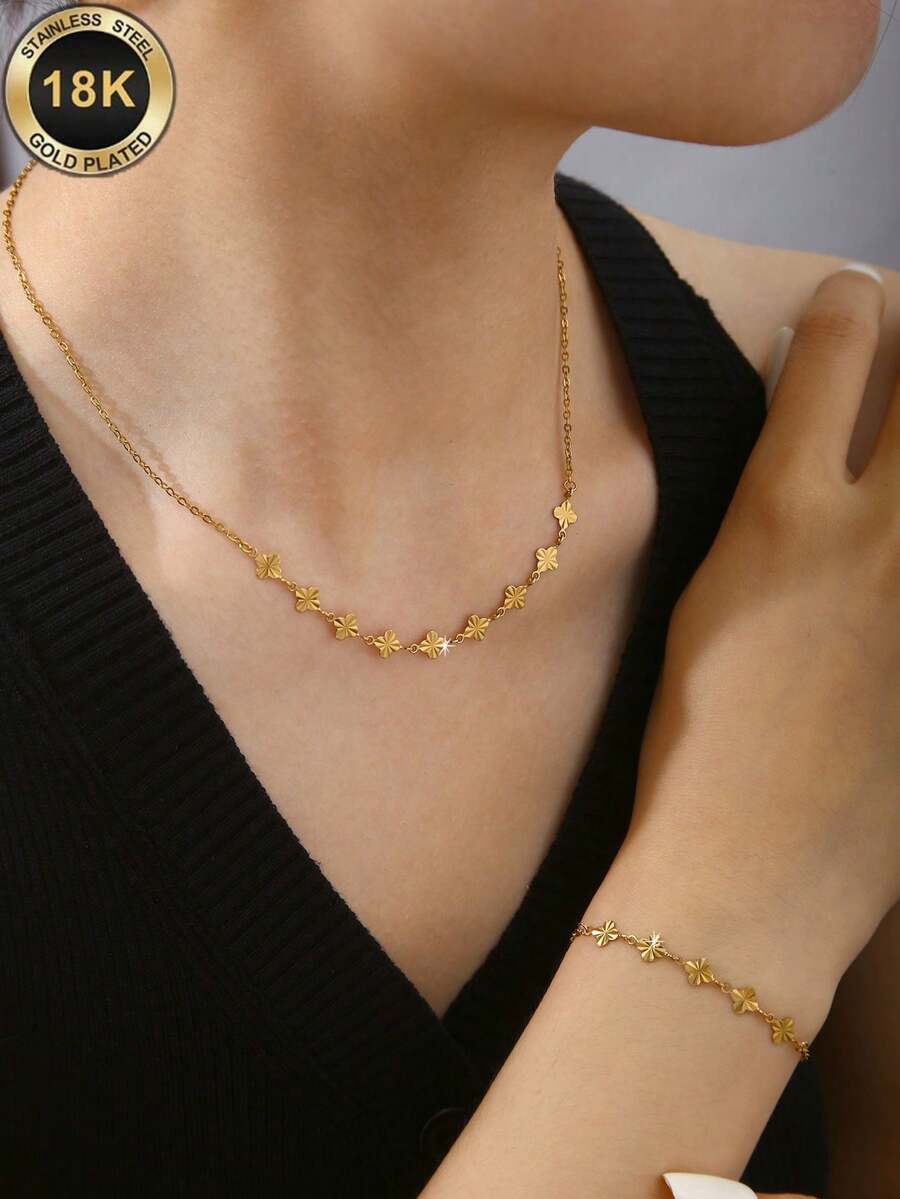 TONSI 一套优雅简约的ins风18K镀金不锈钢四叶草项链手链首饰套装,不褪色低过敏百搭四叶草十字花装饰颈链,适合女性日常、通勤、约会、夏季度假佩戴 - 金色 - 查看 1