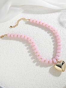 Women's Chunky Heart Necklace, Colorful Resin Beads Choker Necklace, Gold Fluffy Heart Exaggerated Necklace, Acrylic Choker Jewelry - Pink - View 4
