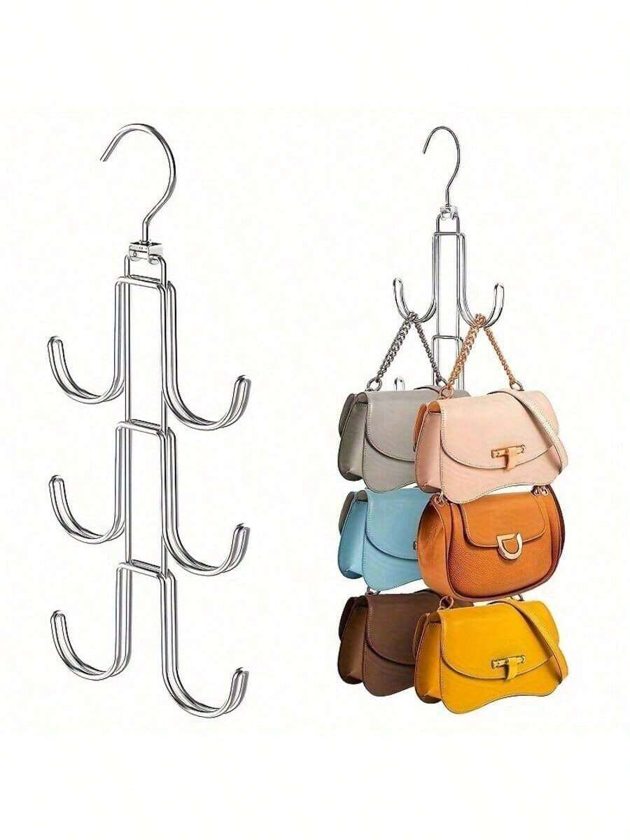 1 Pc Rotating Wallet Holder, 6 Large Hooks, 360° Swivel Display Rack, Space Saving Foldable, For Handbags Belts Scarves Ties, Closet Hanging Storage, Purse Display Stand, Sturdy Durable, Easy Access, Keep Closet Tidy - Silver - View 1