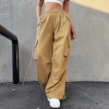 Women's Solid Color Elastic Waist Pocket Casual Versatile Daily Wear Cargo Pants - Khaki - View 2