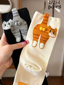1/2/4 Pairs Women's Cat Cartoon Print 3D Pom Pom Mid-Calf Socks, Quirky & Fun Style, Back View, Cartoon Print 3D Pom Pom, Cute Style, Comfortable & Versatile, Simple & Interesting Socks, Holiday Gift, Suitable For Outdoor & Indoor - Multicolor - View 1