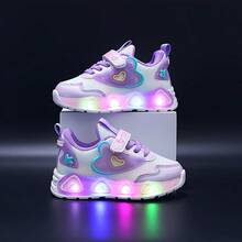 Girls Heart LED Light Up Sneakers, Princess Breathable Mesh Kids Flashing Running Shoes Soft Non-Slip Sole With Hook & Loop - Purple - View 8