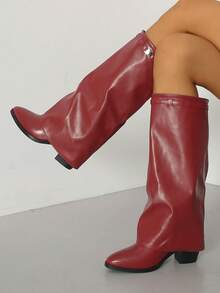 Western Style Holiday New Solid Color Buckle Mid-Heel Pointed Toe Slip-On Women's Boots Suitable For Party Home Date Commute Fashion Casual Women's Boots - Burgundy - View 1