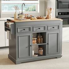Kitchen Island On Wheels, Extendable Kitchen Island With Dining Area, Spice Rack And Drawers, Freestanding Mobile Kitchen Island, Ideal For Kitchen And Dining Room (Grey). - 灰色 - 查看 1