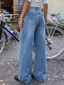 Women's Light Blue Washed Wide Leg Jeans, Mid-Waist Cat Whisker Loose Straight Leg Floor Length Pants, Versatile Bottoms For Daily Commute - Medium Wash - View 3