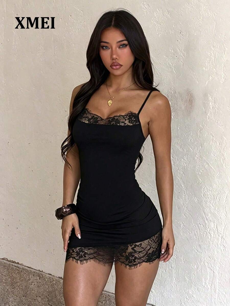 Black Knitted Bodycon Mini Dress For Women, Featuring Sleeveless Design, Spaghetti Straps, And Delicate Contrast Lace Hem Summer Dress Party Elegant