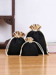 3pcs Black Red Burgundy Blue Valentine's Day Wedding Party Favor Plush Drawstring Gift Bags, Single-Sided Plush Gold Trim, Plush Packaging Bags With Straw And Earphone, Small Commercial Supplies - Multicolor - View 11
