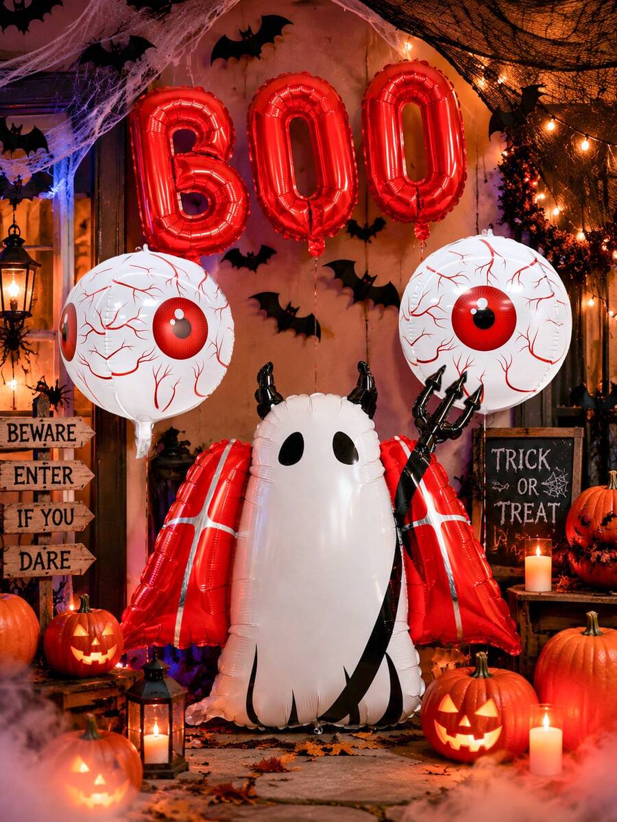 6 Stücke Set Halloween Teufel Ballon Set, enthält "BOO" Buchstaben, Augapfel, Teufel Ballons, geeignet für Halloween, Geburtstag, Spukhaus, Zimmer, Innen- und Außendekoration, Szenenatmosphäre Schaffung - Mehrfarbig - Übersicht 1