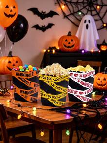 10pcs/30pcs/60pcs Halloween Party Caution Tape Popcorn Boxes: Disposable Popcorn Containers Printed With Bat, Bloody Handprint, Bloody Hand And Zombie Patterns, Suitable For Halloween Party, Haunted House And Day Of The Dead Celebrations - Multicolor - View 3