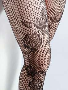 1pair Plus Size Jacquard Fishnet Stockings, Rose Hollow-Out Leggings, Sexy & Fashionable, Suitable For Party, Home, Office, Black - Multicolor - View 2